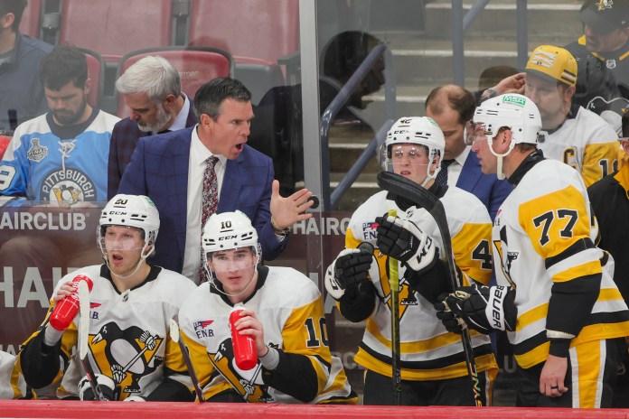 Pittsburgh Penguins head coach Mike Sullivan reacts from the bench against the Florida Panthers