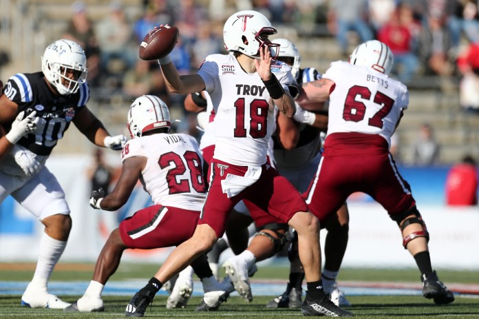 Troy Trojans quarterback Gunnar Watson (18) passes the ball during the second half against the Duke Blue Devils at Protective Stadium