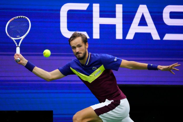 Daniil Medvedev hits a forehand against Novak Djokovic of Serbia (not pictured) in the men's singles final on day fourteen of the 2023 U.S. Open tennis