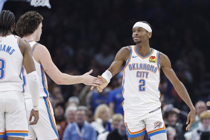 Oklahoma City Thunder guard Shai Gilgeous-Alexander (2) celebrates with guard Josh Giddey (3) after scoring against the Orlando Magic