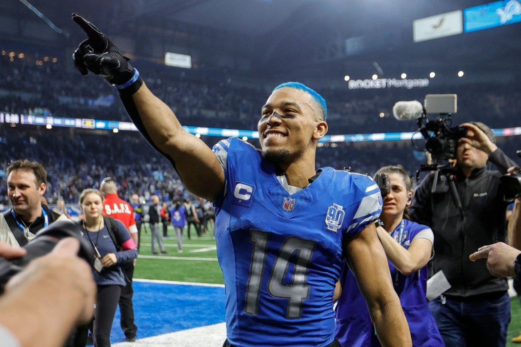 Detroit Lions wide receiver Amon-Ra St. Brown celebrates the 31-23 win over the Tampa Bay Buccaneers