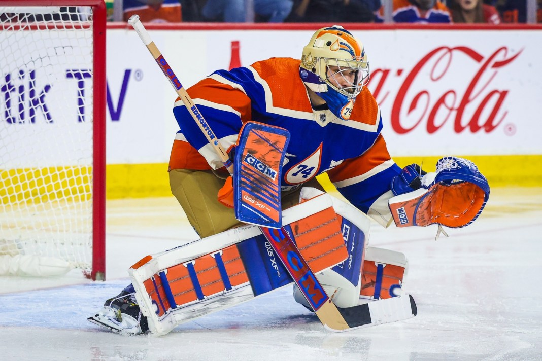 Edmonton Oilers goaltender Stuart Skinner guards his net against the Calgary Flames during the second period at Scotiabank Saddledome.