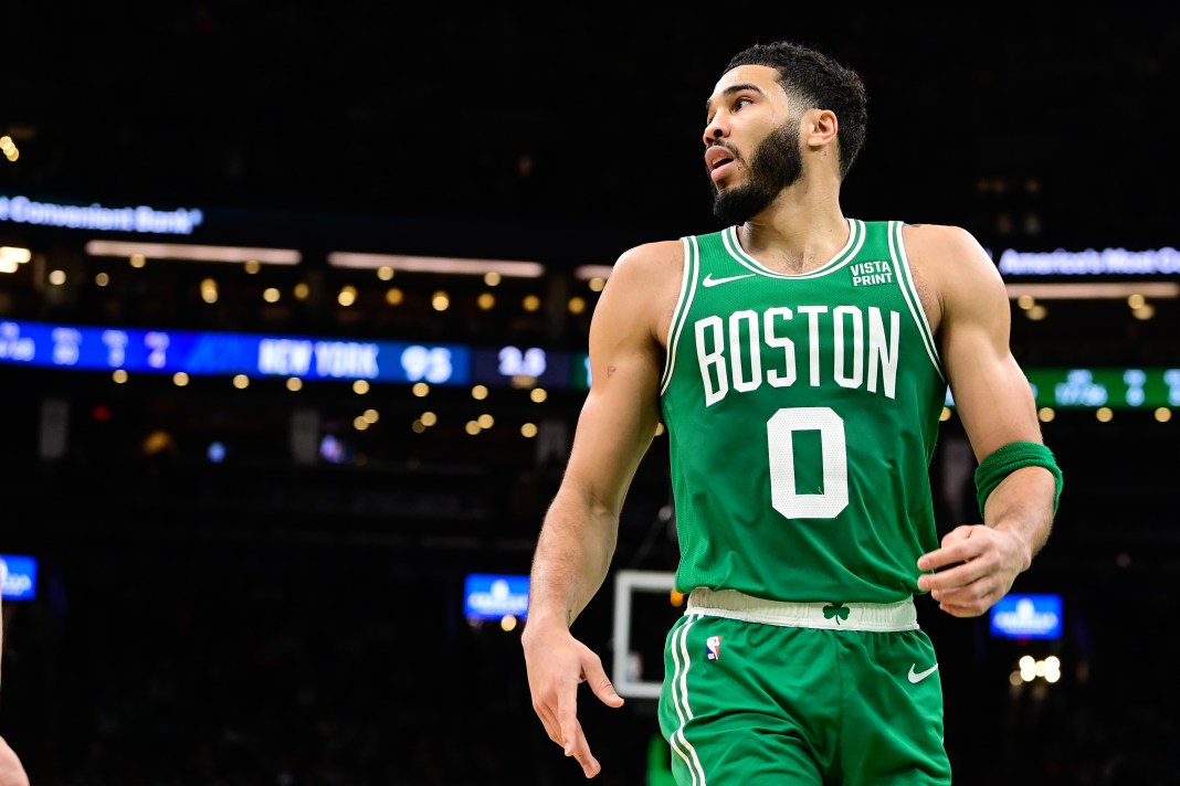 Boston Celtics forward Jayson Tatum looks on during the second half against the New York Knicks at TD Garden.