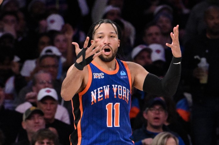 New York Knicks guard Jalen Brunson (11) reacts after scoring a basket against the Oklahoma City Thunder