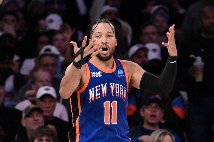 New York Knicks guard Jalen Brunson (11) reacts after scoring a basket against the Oklahoma City Thunder