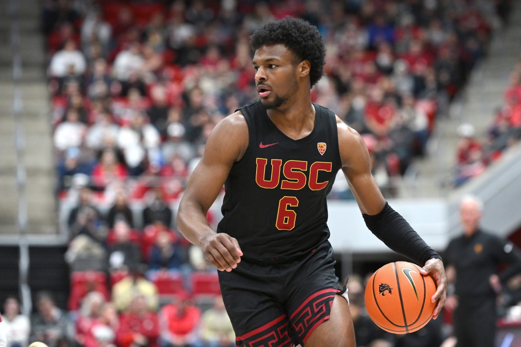 USC guard Bronny James dribbles the basketball against Washington State.