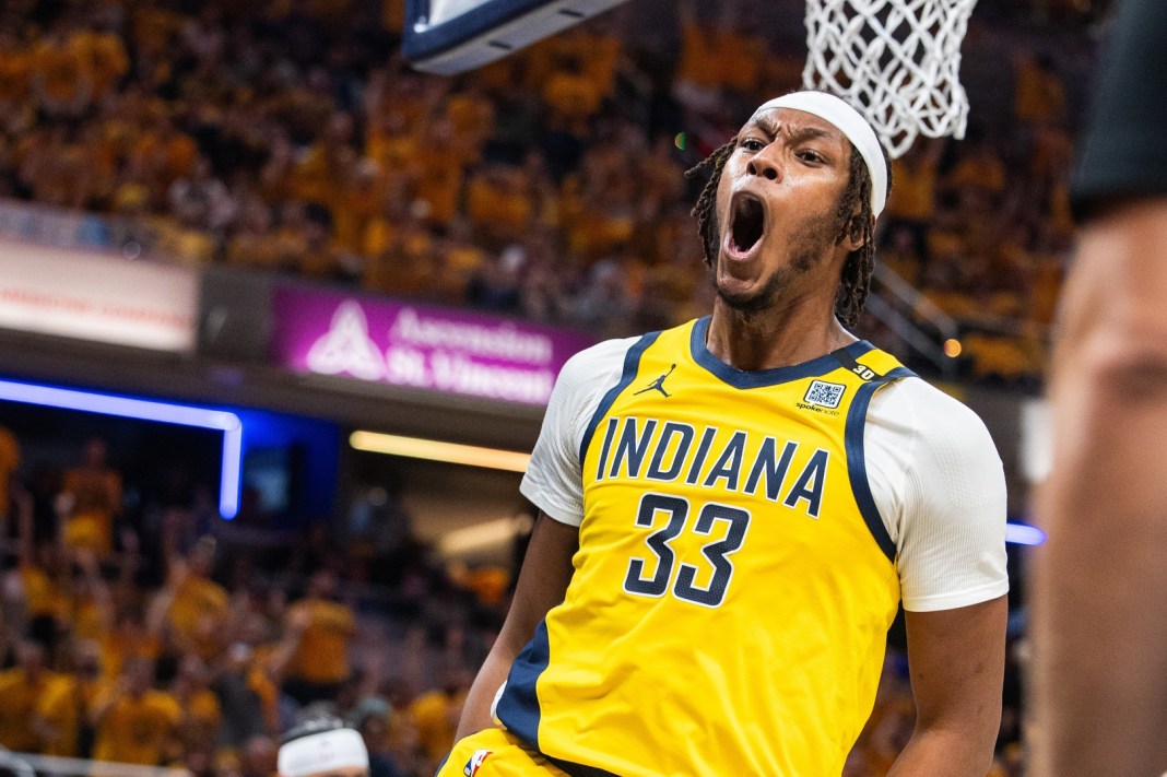 Indiana Pacers center Myles Turner celebrates a big basket against the New York Knicks in the NBA Playoffs.