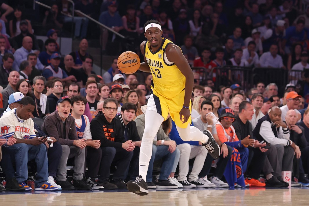 Indiana Pacers forward Pascal Siakam dribbles the ball up the floor in Game 7 against the New York Knicks.