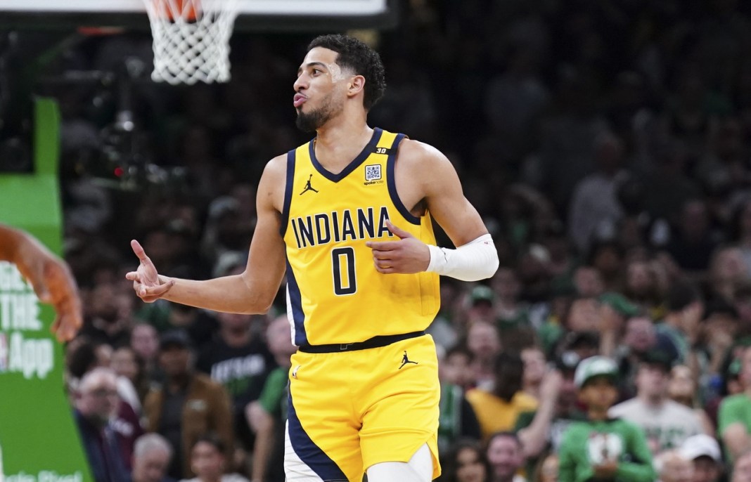 Indiana Pacers guard Tyrese Haliburton reacts to a made 3 against the Boston Celtics in Game 1 of the Eastern Conference Finals.