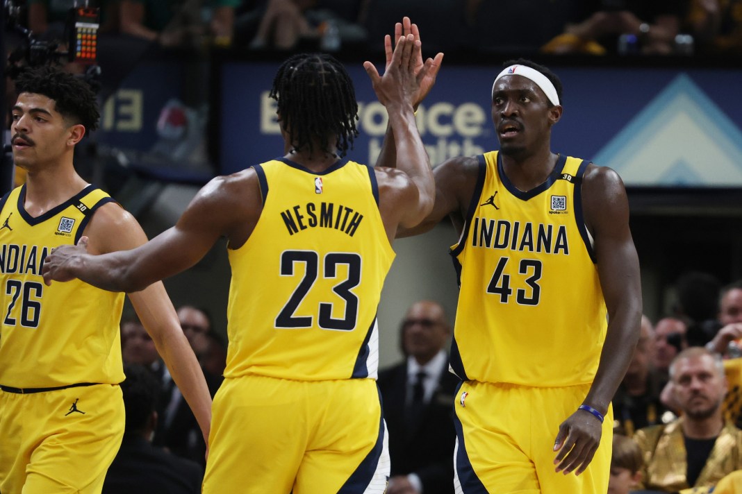 Indiana Pacers star Pascal Siakam greets Aaron Nesmith in Game 3 of the Eastern Conference Finals against the Boston Celtics.
