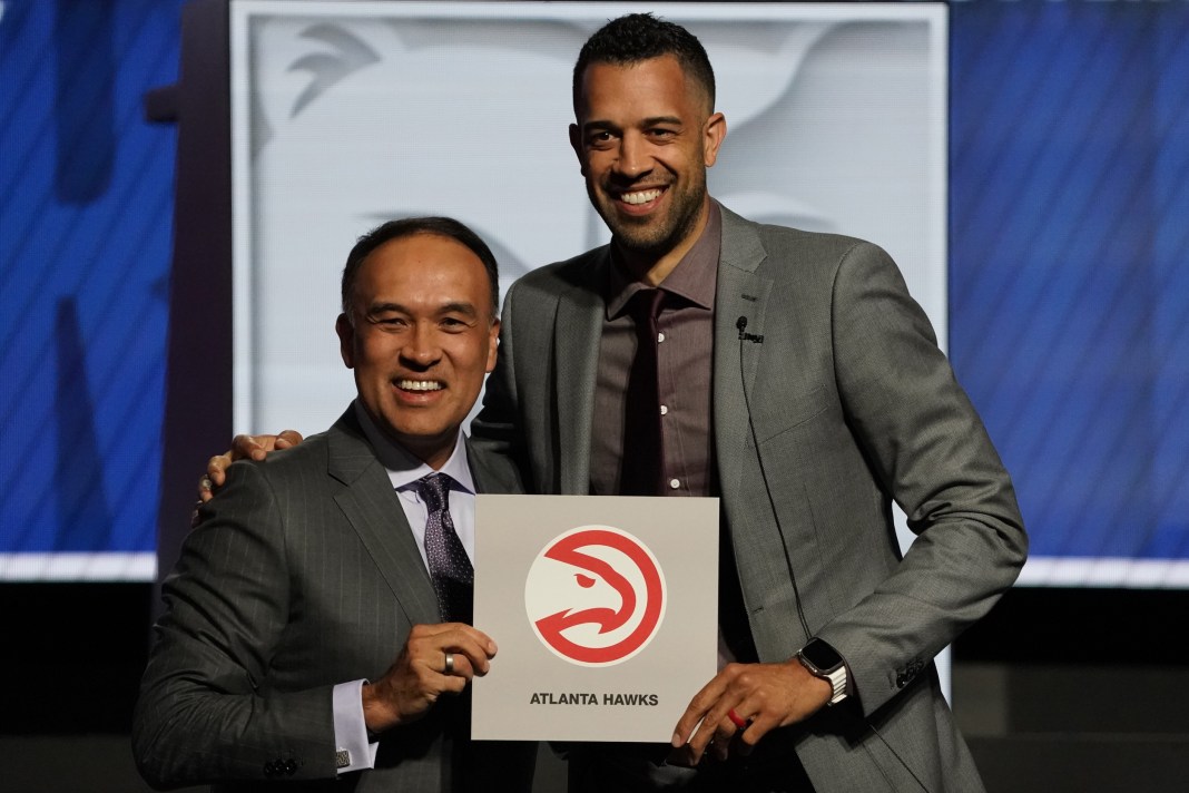 Atlanta Hawks general manager Landry Fields celebrates winning the first pick in the 2024 NBA Draft.