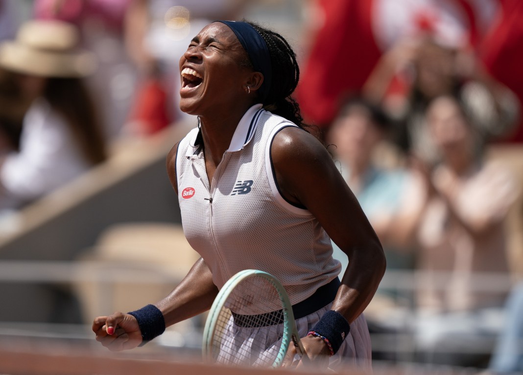 Coco Gauff celebrates her win over Ons Jabeur in the French Open quarterfinals.