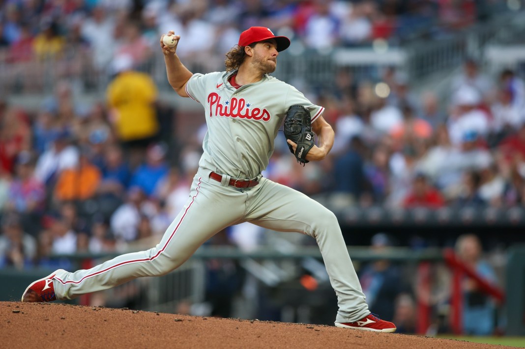 Philadelphia Phillies starting pitcher Aaron Nola (27) throws against the Atlanta Braves in the second inning at Truist Park.