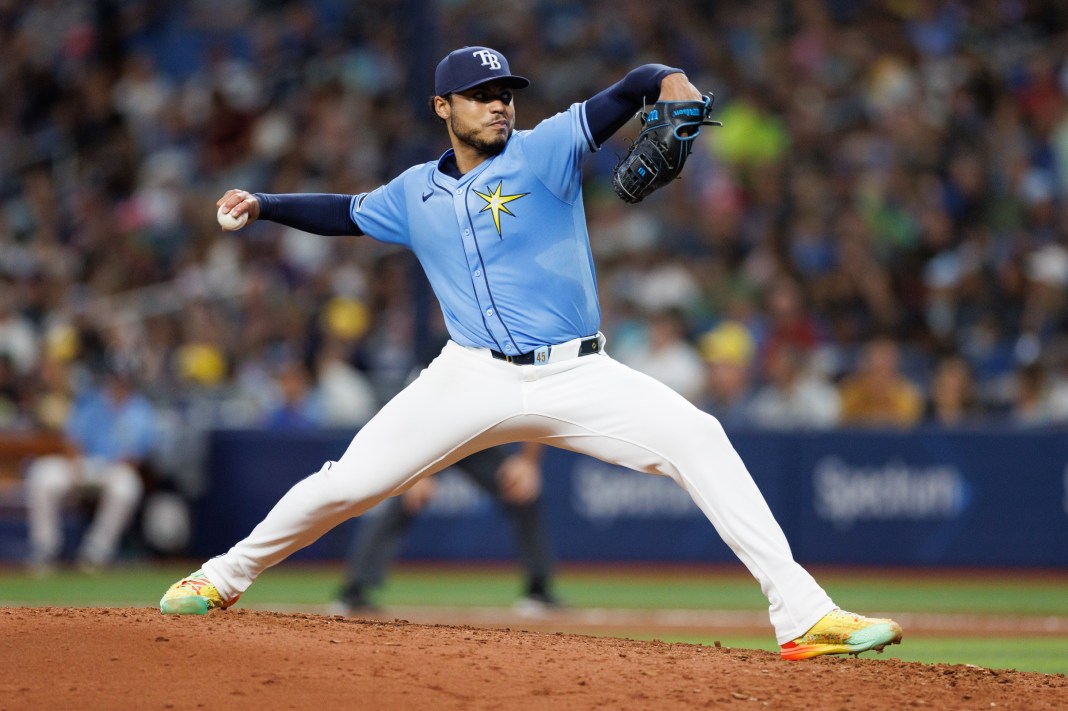 taj bradley throws a pitch for the tampa bay rays