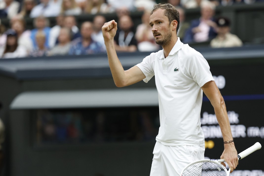 Daniil Medvedev celebrates his big win over Jannik Sinner in the Wimbledon quarterfinals.