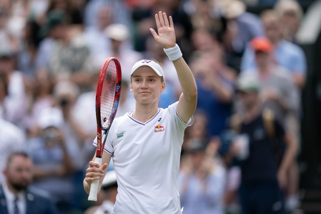 Elena Rybakina celebrates a win over Elina Svitolina in the Wimbledon quarterfinals.