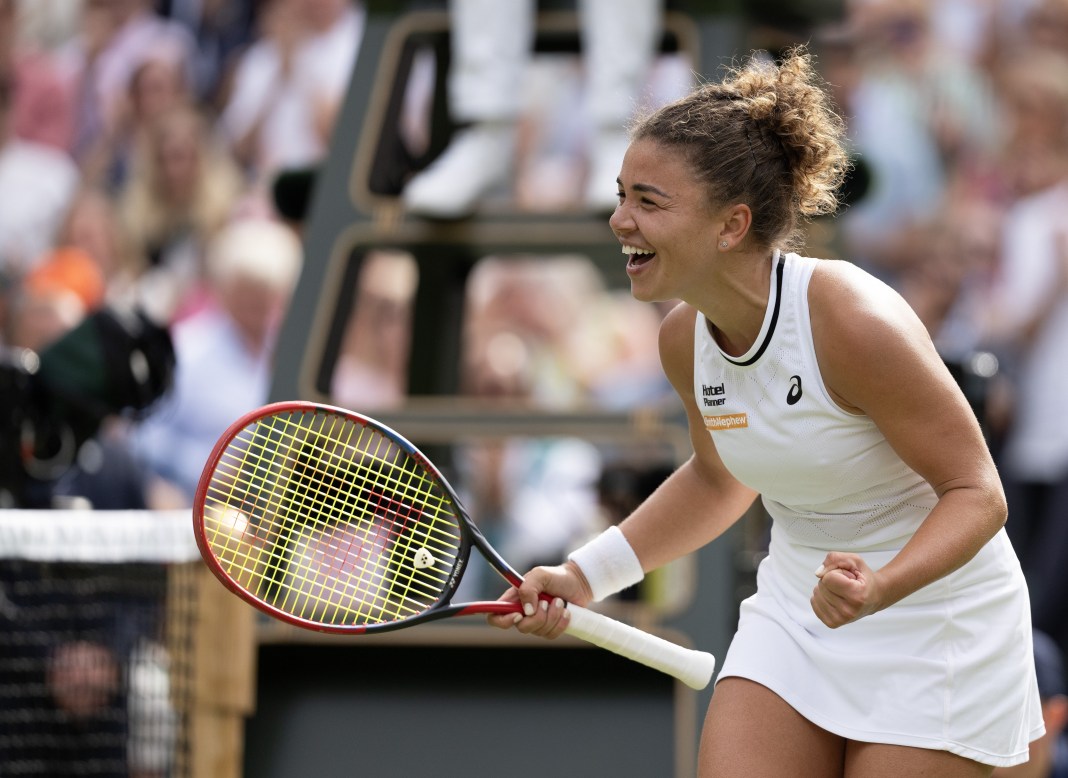 Jasmine Paolini celebrates her semi-final win over Donna Vekic at Wimbledon.