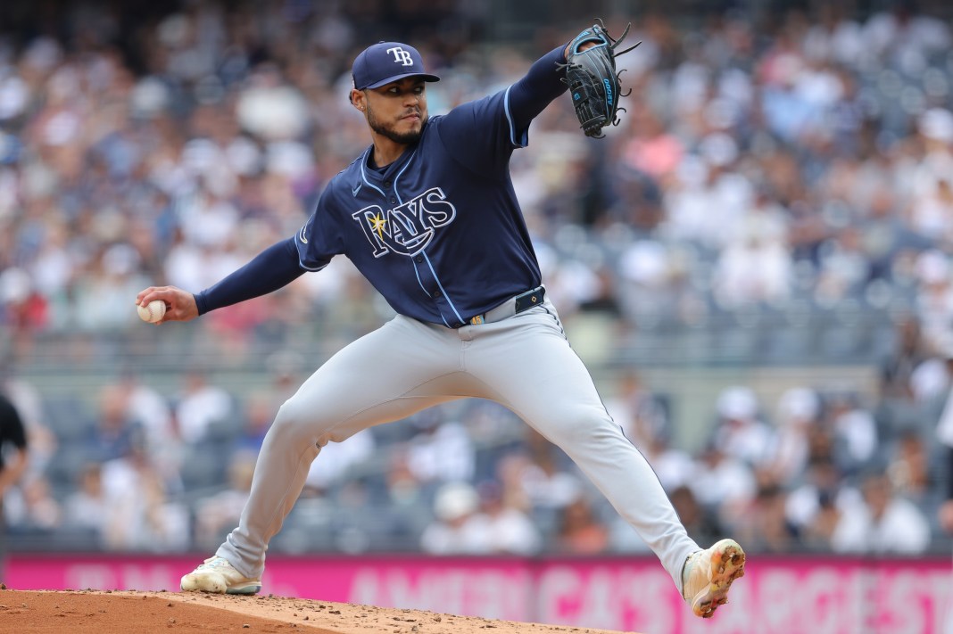 taj bradley throws a pitch for the tampa bay rays