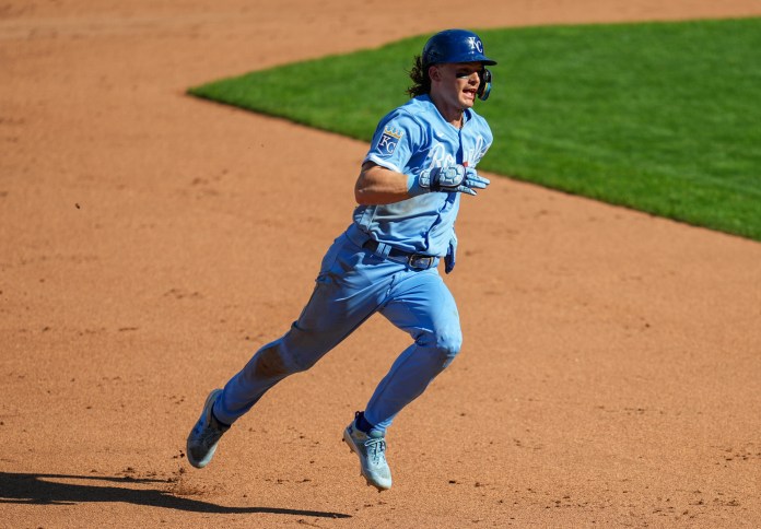 Kansas City Royals shortstop Bobby Witt Jr. (7) runs to third base after hitting a triple during the fifth inning of the game against the New York Yankees at Kauffman Stadium in Kansas City, Missouri, on October 1, 2023.