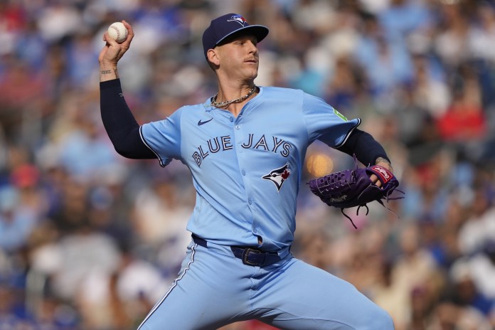 Toronto Blue Jays starting pitcher Bowden Francis (44) delivers a pitch to the Los Angeles Angels during the ninth inning at Rogers Centre in Toronto, Ontario, on August 24, 2024.
