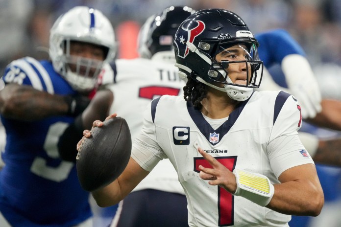 Houston Texans quarterback C.J. Stroud (7) drops back to pass during a game against the Indianapolis Colts at Lucas Oil Stadium in Indianapolis on January 6, 2024.