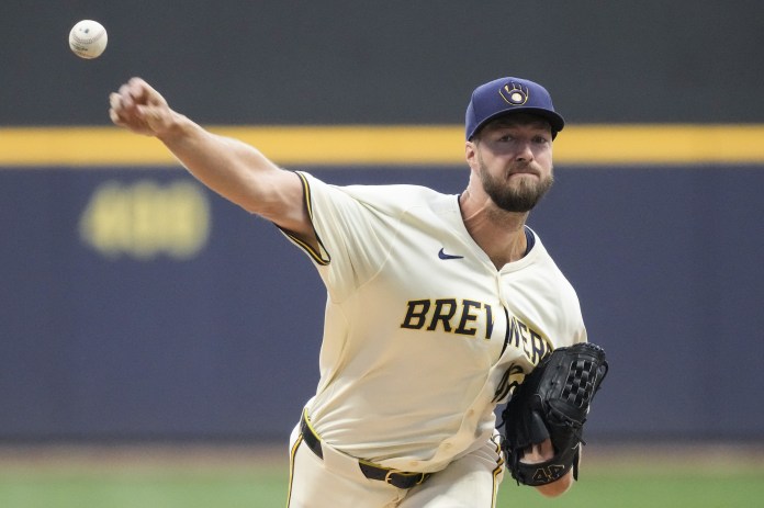Milwaukee Brewers pitcher Colin Rea (48) during the game against the Los Angeles Dodgers at American Family Field in Milwaukee, Wisconsin, on August 13, 2024.