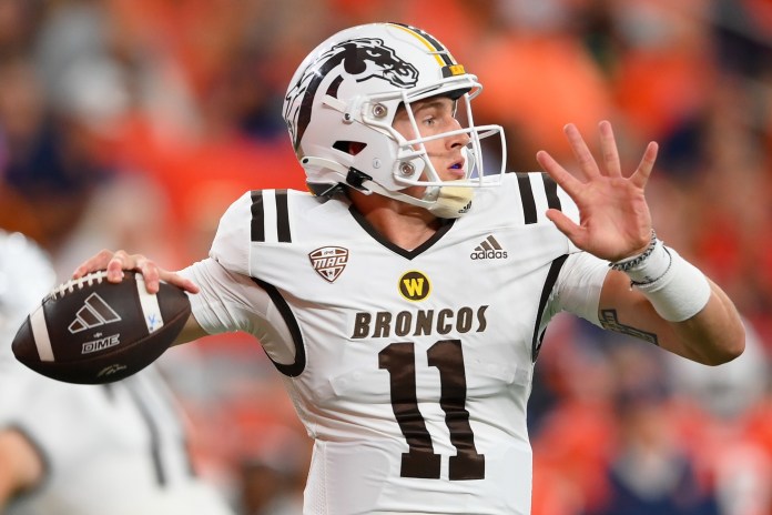 Western Michigan Broncos quarterback Hayden Wolff (11) passes the ball during the second half of the game against the Syracuse Orange at the JMA Wireless Dome in Syracuse, New York, on September 9, 2023.