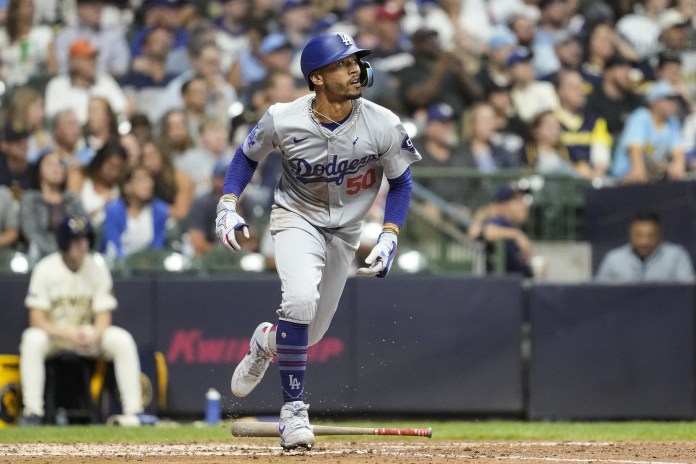Los Angeles Dodgers right fielder Mookie Betts (50) during the game against the Milwaukee Brewers at American Family Field in Milwaukee, Wisconsin, on August 13, 2024.