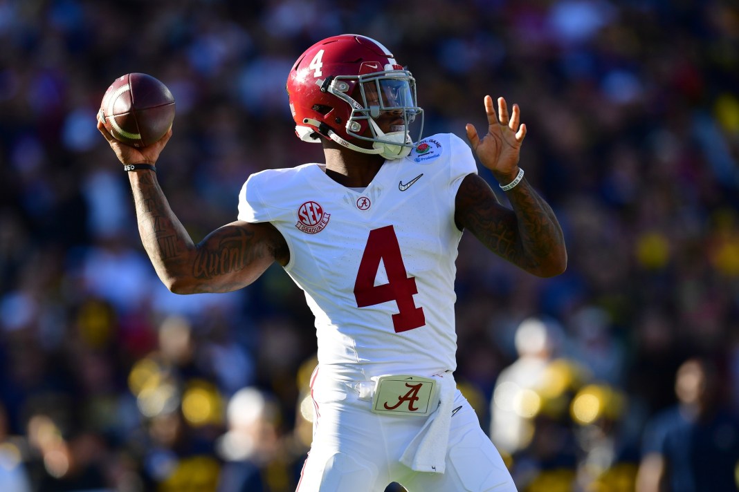 Alabama quarterback Jalen Milroe throws a pass against Michigan in the College Football Playoff.