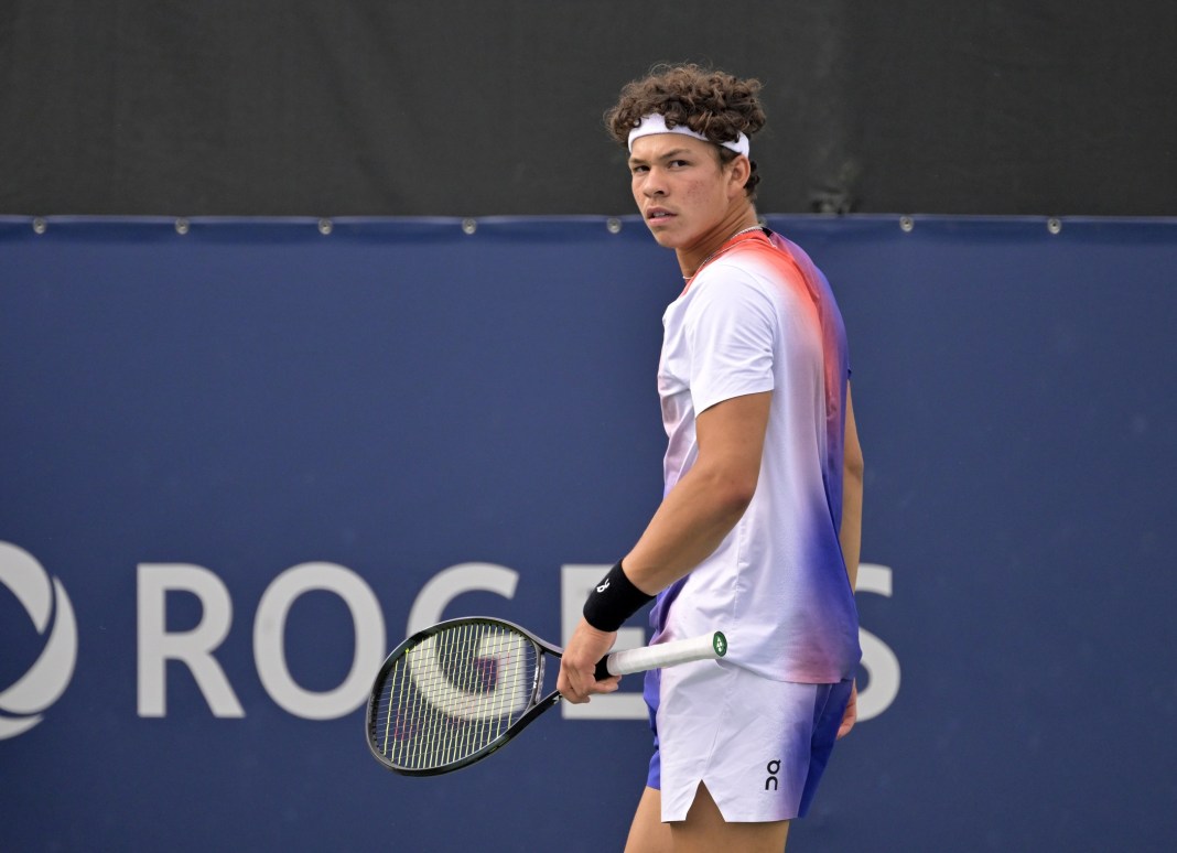 Ben Shelton gestures to his box during a match at the National Bank Open in Montreal.