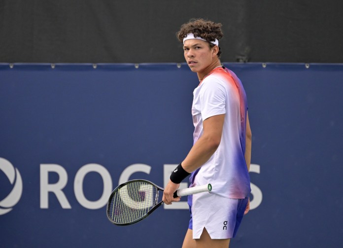 Ben Shelton gestures to his box during a match at the National Bank Open in Montreal.