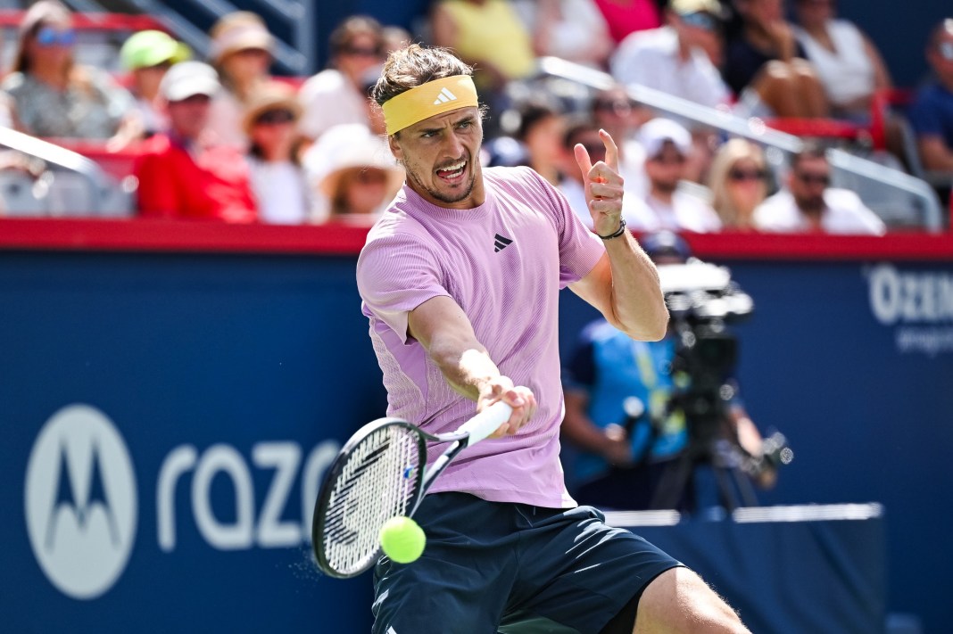 Alexander Zverev hits a forehand in his loss to Sebastian Korda at the National Bank Open in Montreal.