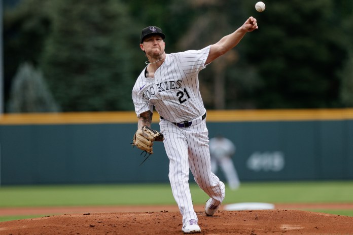 Colorado Rockies pitcher Kyle Freeland (21) delivers a pitch during the first inning of the game against the Atlanta Braves at Coors Field in Denver, Colorado, on August 11, 2024.