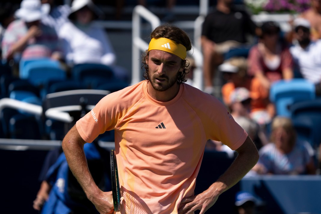 Stefanos Tsitsipas reacts to losing a point against Jan-Lennard Struff in the 2024 Cincinnati Open.