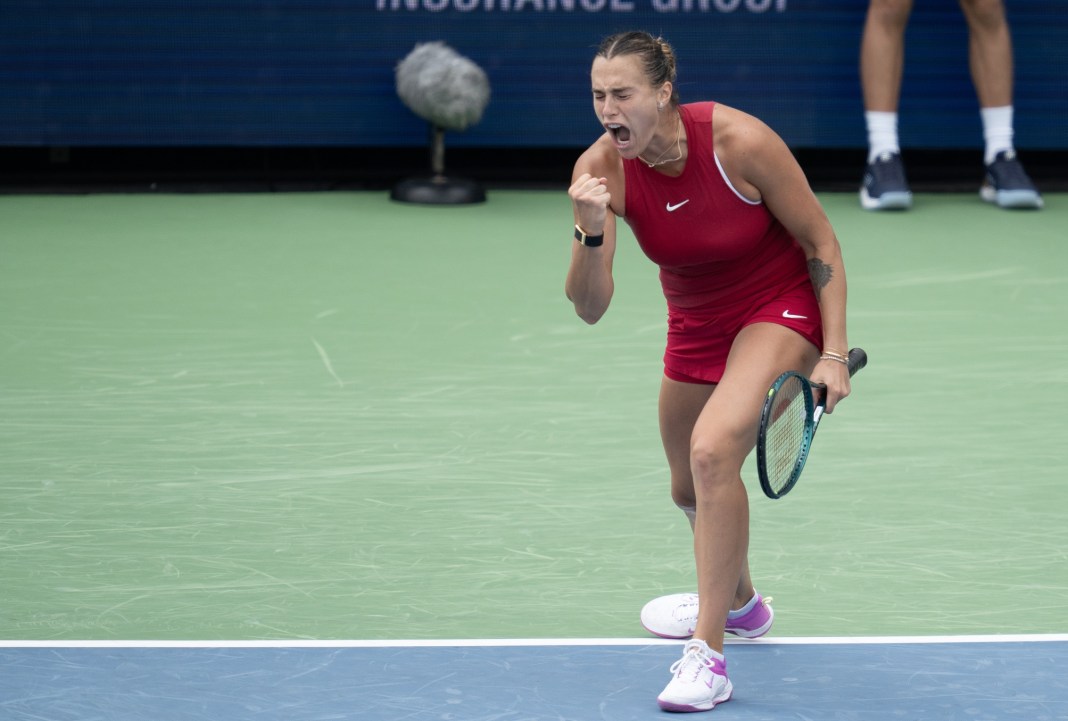 Aryna Sabalenka celebrates a big point in her match against Iga Swiatek in Cincinnati.