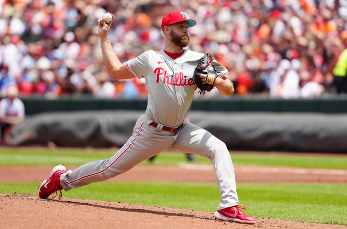 Philadelphia Phillies pitcher Zach Wheeler (45) delivers a pitch during the first inning of the game against the Baltimore Orioles at Oriole Park at Camden Yards in Baltimore, Maryland, on June 16, 2024.