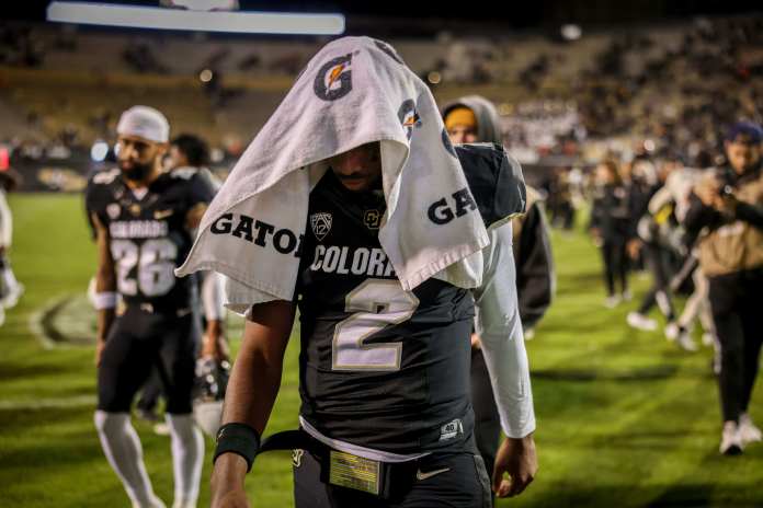 Colorado Buffaloes quarterback Shedeur Sanders (2) walks off the field after Colorado’s loss against the Oregon State Beavers at Folsom Field on November 4, 2023.