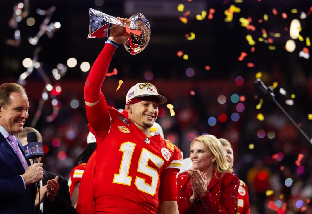 Patrick Mahomes lifts the Lombardi Trophy after the Kansas City Chiefs won Super Bowl LVIII.