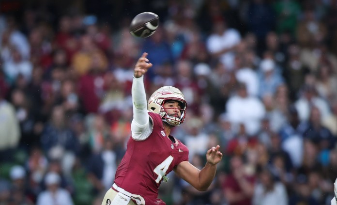 Florida State University quarterback DJ Uiagalelei passes the ball against Georgia Tech at Aviva Stadium in Dublin, Ireland, on August 24, 2024.