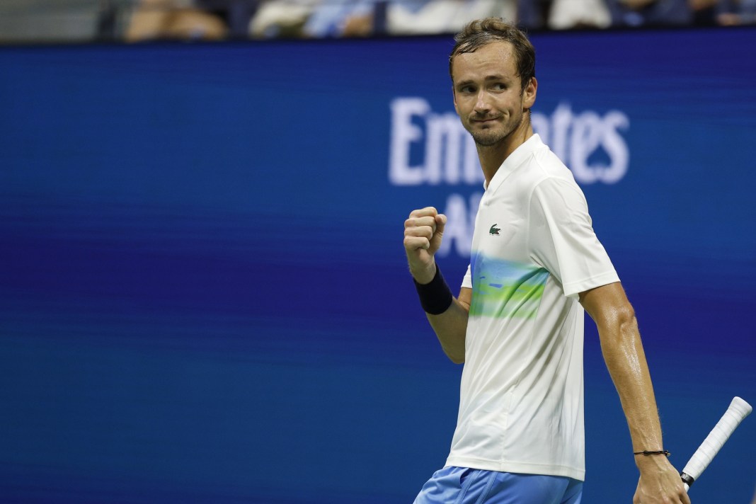 Daniil Medvedev reacts to a point against Flavio Cobolli at the 2024 US Open.