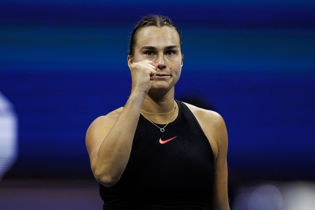 Aryna Sabalenka celebrates in a match against Qinwen Zheng at the 2024 US Open.