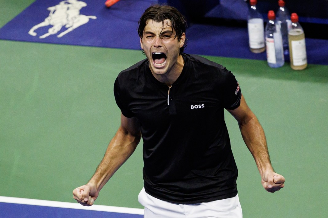 Taylor Fritz celebrates his win over Frances Tiafoe in the 2024 US Open semifinals.