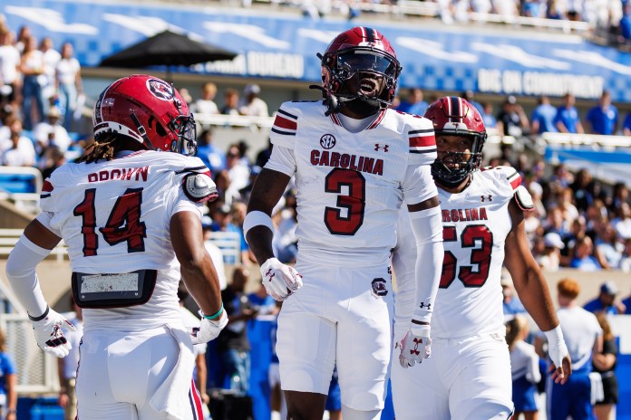 South Carolina Gamecocks wide receiver Mazeo Bennett Jr. (3) celebrates after scoring a touchdown during the first quarter against the Kentucky Wildcats at Kroger Field on September 7, 2024.
