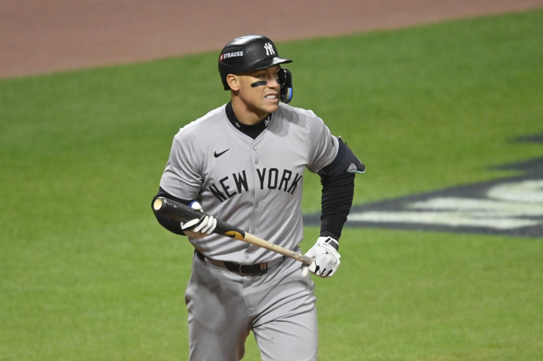 New York Yankees outfielder Aaron Judge (99) reacts after striking out in the third inning against the Cleveland Guardians