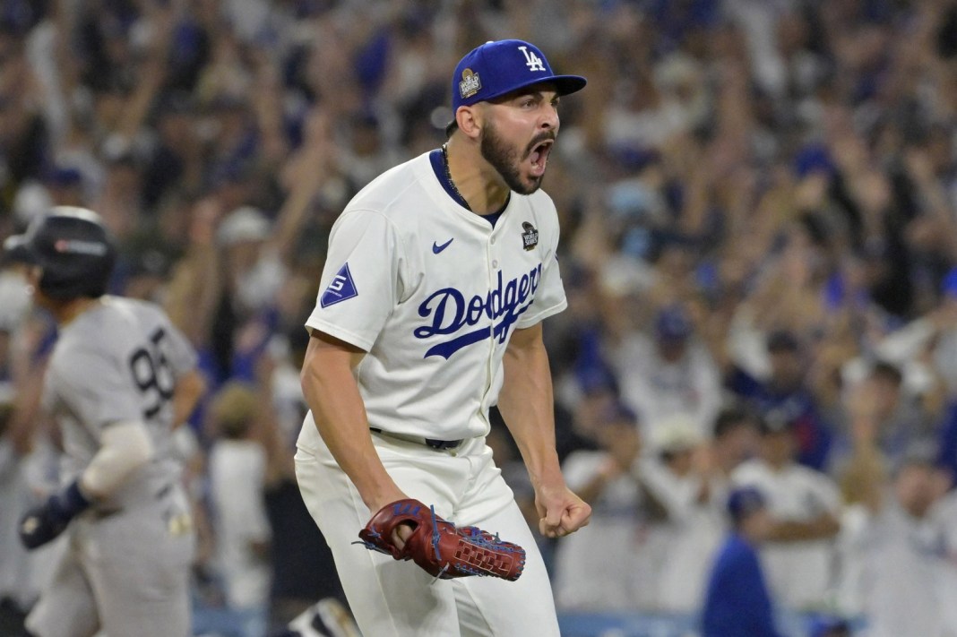 Los Angeles Dodgers pitcher Alex Vesia (51) reacts in the ninth inning against the New York Yankees during game two of the 2024 MLB World Series