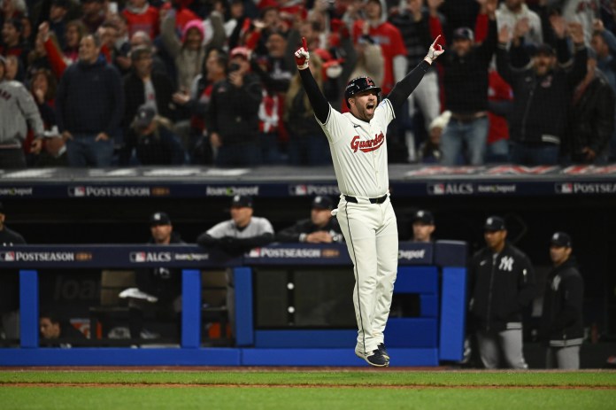 Cleveland Guardians first baseman David Fry (6) reacts after hitting the game winning home run during the tenth inning against the New York Yankees