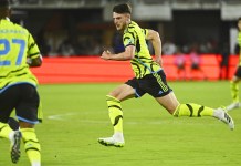 EPL Best Bets and Predictions October 24-25 Arsenal midfielder Declan Rice (41) runs on the field against MLS during the second half of the 2023 MLS All Star Game at Audi Field