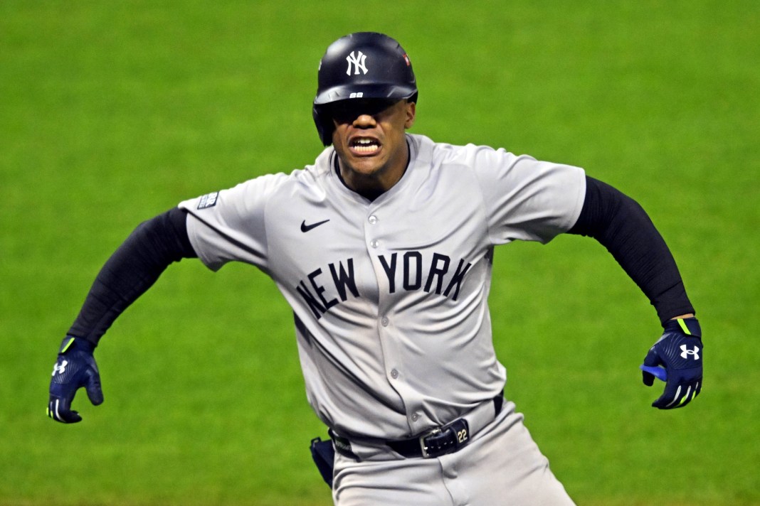 New York Yankees outfielder Juan Soto (22) celebrates after hitting three run home run during the tenth inning against the Cleveland Guardians