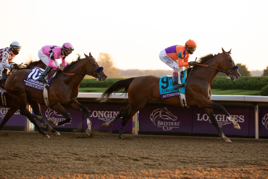 Authentic with John Velazquez up takes an early lead in the Longlines Breeders' Cup Classic race during the 37th Breeders Cup World Championship at Keeneland Race Track