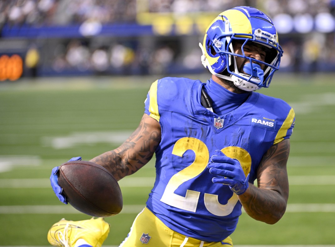 Los Angeles Rams running back Kyren Williams (23) celebrates after scoring on a run against the Las Vegas Raiders